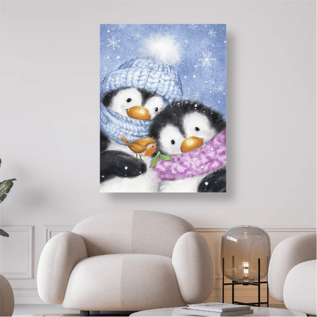 2 Pinguine mit Vogel - 5D DIY Diamond Painting