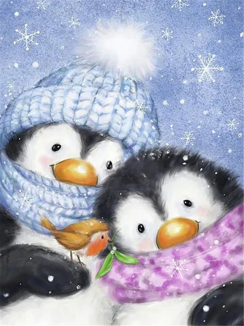 2 Pinguine mit Vogel - 5D DIY Diamond Painting