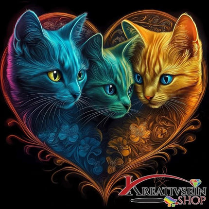 3 bunten Katzen im Herz - 5D DIY Diamond Painting