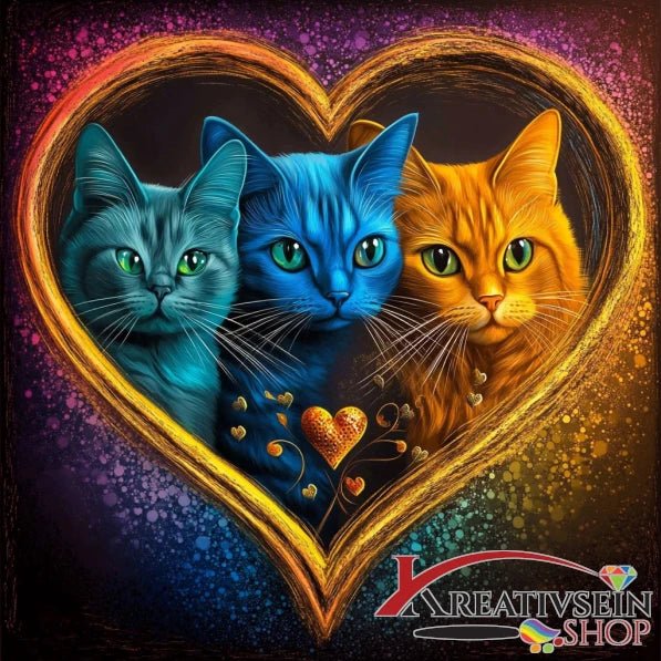 3 Katzen im goldenen Herz - 5D DIY Diamond Painting