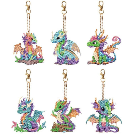 6 x bunte Drachen Schlüsselanhänger - Diamond Painting
