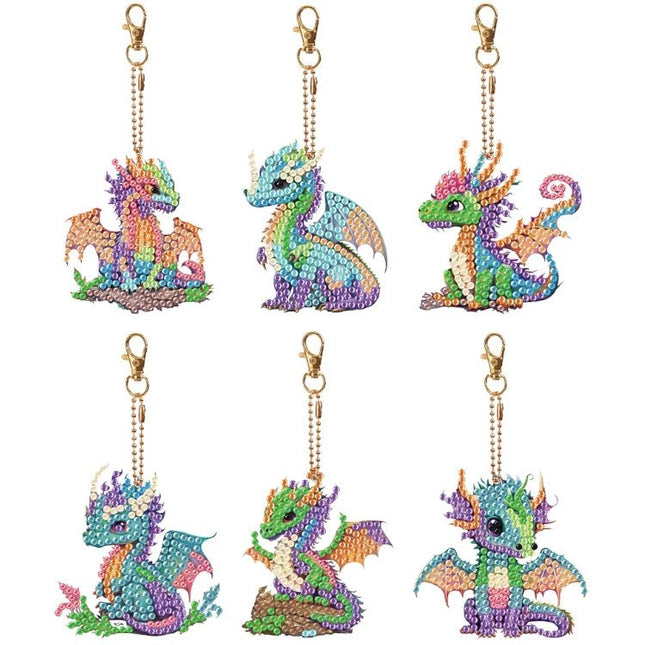 6 x bunte Drachen Schlüsselanhänger - Diamond Painting