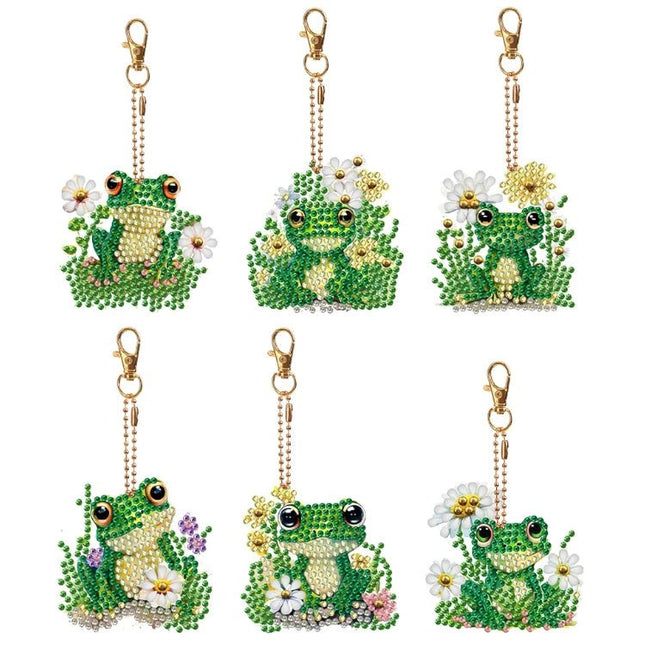 6 x Frosch mit Blumen Schlüsselanhänger - Diamond Painting