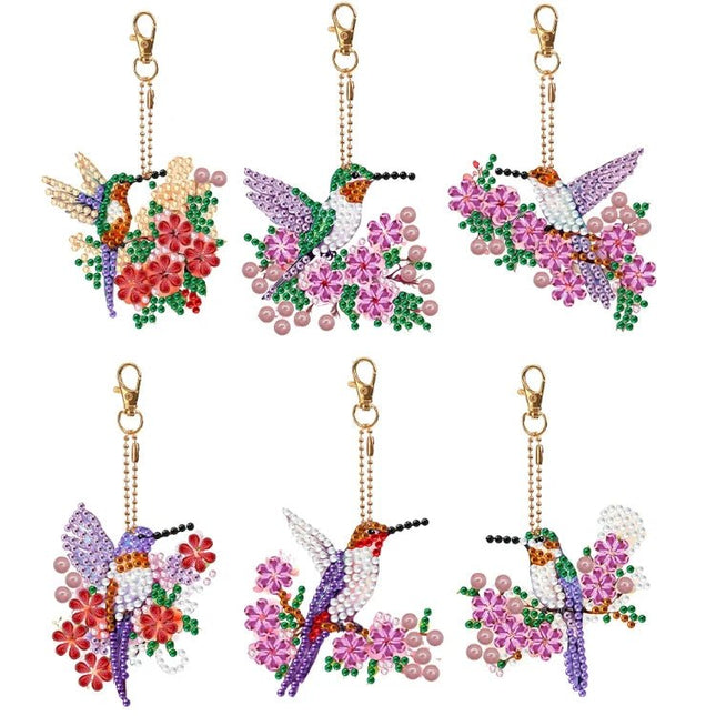 6 x Kolibri mit Blüten Schlüsselanhänger - Diamond Painting