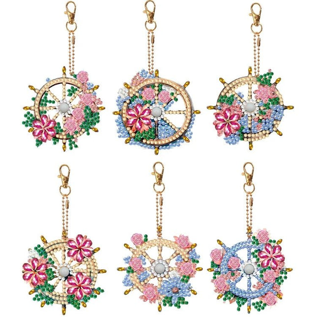 6 x Steuerrad mit Blumen Schlüsselanhänger - Diamond Painting