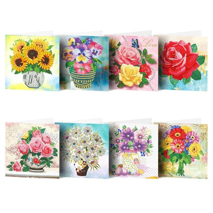 8 x Grusskarte mit verschiedenen Blumen - Diamond Painting