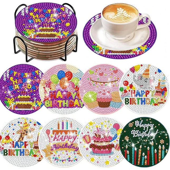 8 x Happy Birthday Untersetzer - Diamond Painting