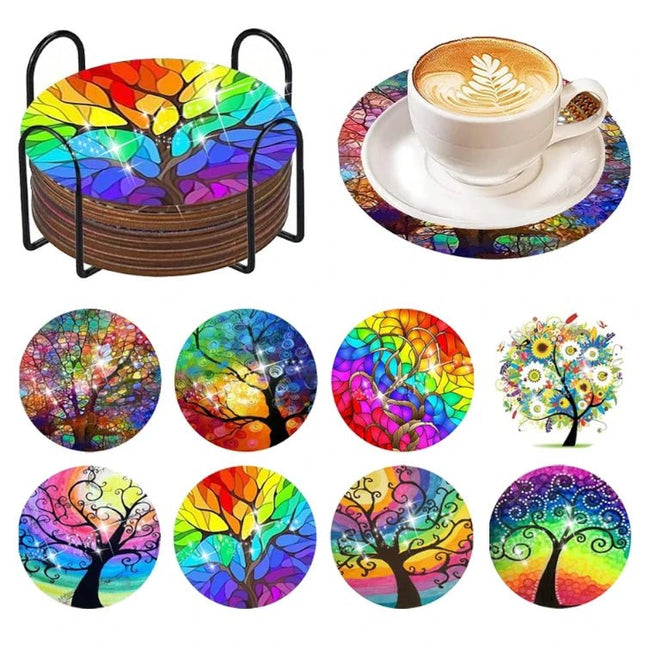 8 x Regenbogenbaum Untersetzer - Diamond Painting