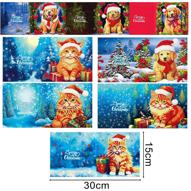 8 x Weihnachtsgrusskarte Katze&Hund - Diamond Painting