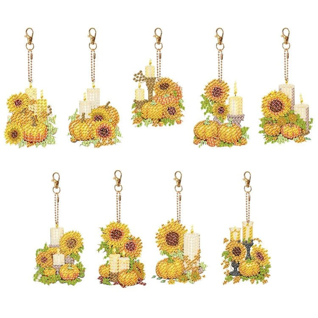 9 x Sonnenblumen und Kürbis Schlüsselanhänger - Diamond Painting