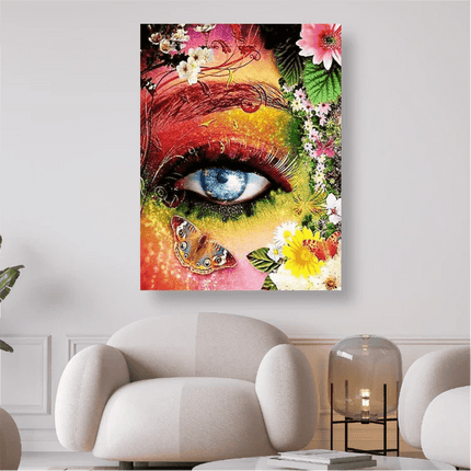 Auge im buntem Gesicht mit Schmetterlingen und Blumen - 5D DIY Diamond Painting