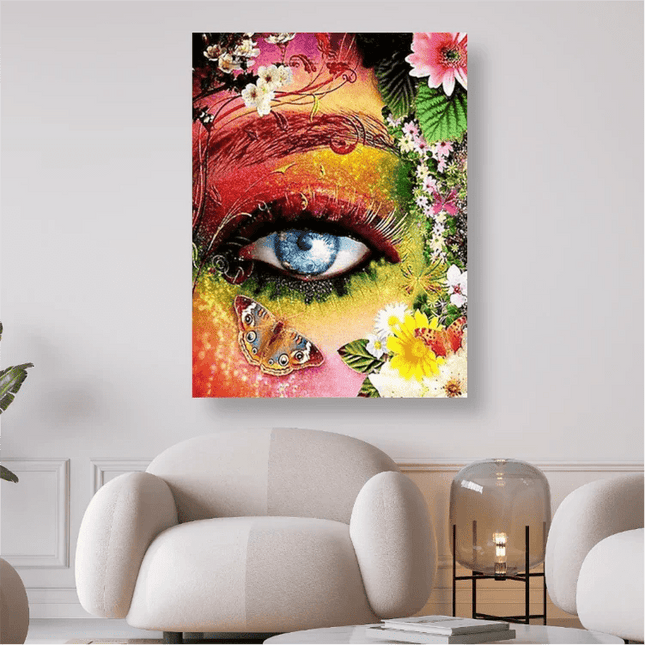 Auge im buntem Gesicht mit Schmetterlingen und Blumen - 5D DIY Diamond Painting