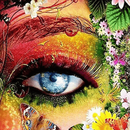 Auge im buntem Gesicht mit Schmetterlingen und Blumen - 5D DIY Diamond Painting