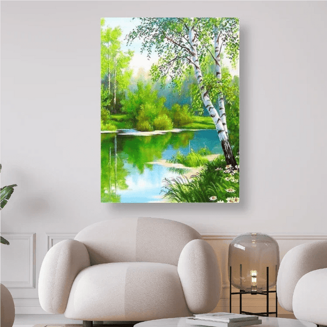 Birke am Wasser ein Sommertag im grünen - 5D DIY Diamond Painting