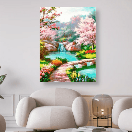 Blütenzauber die Natur erwacht, Fluss mit Wasserfall - 5D DIY Diamond Painting
