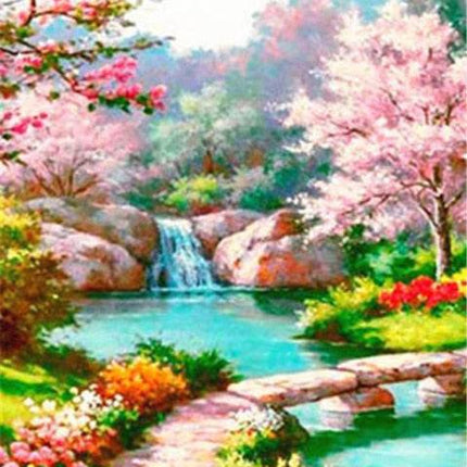 Blütenzauber die Natur erwacht, Fluss mit Wasserfall - 5D DIY Diamond Painting