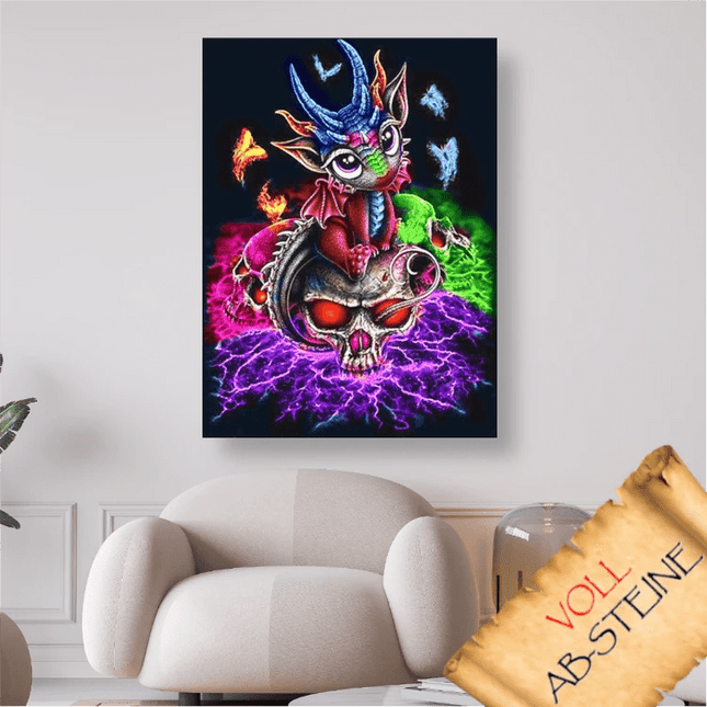 Bunter Drache sitzt auf Schädel - Voll AB 5D DIY Diamond Painting