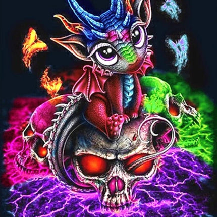 Bunter Drache sitzt auf Schädel - Voll AB 5D DIY Diamond Painting