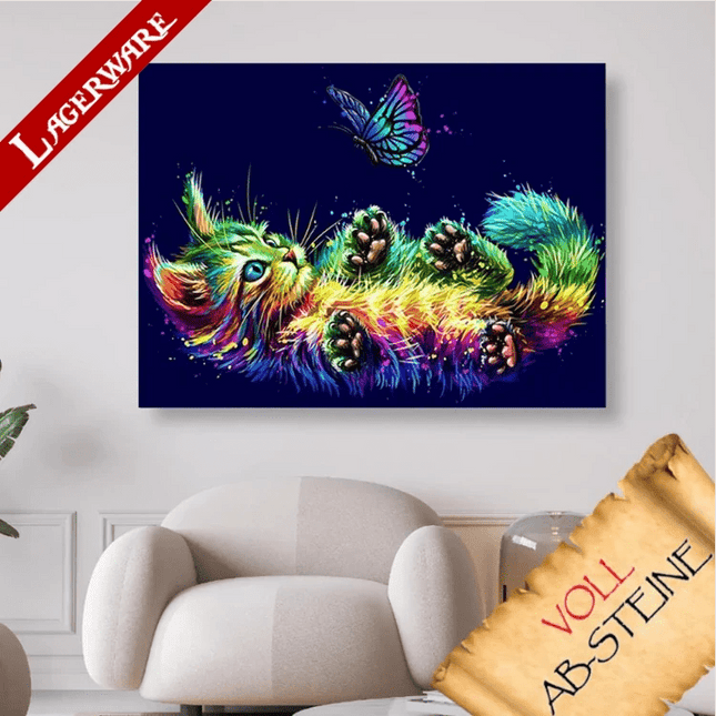 Buntes Kätzchen mit Schmetterling LA - Voll AB 5D DIY Diamond Painting