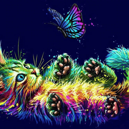 Buntes Kätzchen spielt mit Schmetterling - 5D DIY Diamond Painting