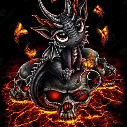 Drache sitzt auf Schädel mit Flammen - 5D DIY Diamond Painting