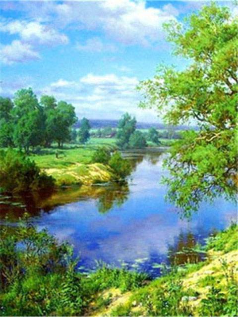 Ein Sommertag mit Bäumen und Fluss zum entspannen - 5D DIY Diamond Painting