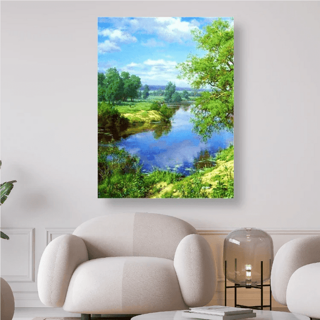 Ein Sommertag mit Bäumen und Fluss zum entspannen - 5D DIY Diamond Painting
