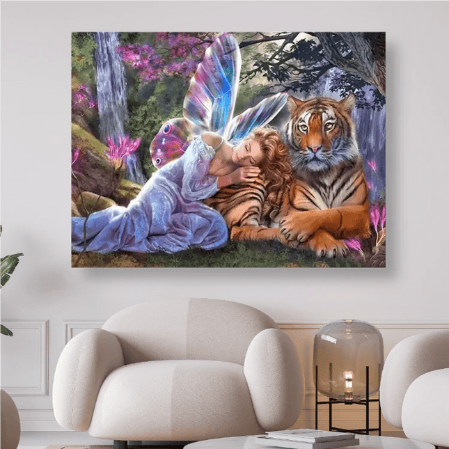 Elfe schläft auf Tiger - 5D DIY Diamond Painting