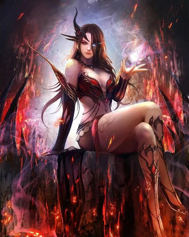 Fantasy Frau rot mit magischer Kugel - 5D DIY Diamond Painting