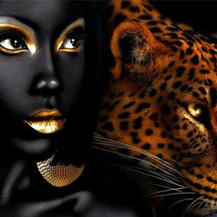 Frau mit goldenen Lippen und ein Leopard - 5D DIY Diamond Painting