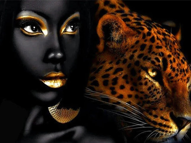 Frau mit goldenen Lippen und ein Leopard - 5D DIY Diamond Painting