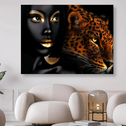 Frau mit goldenen Lippen und ein Leopard - 5D DIY Diamond Painting
