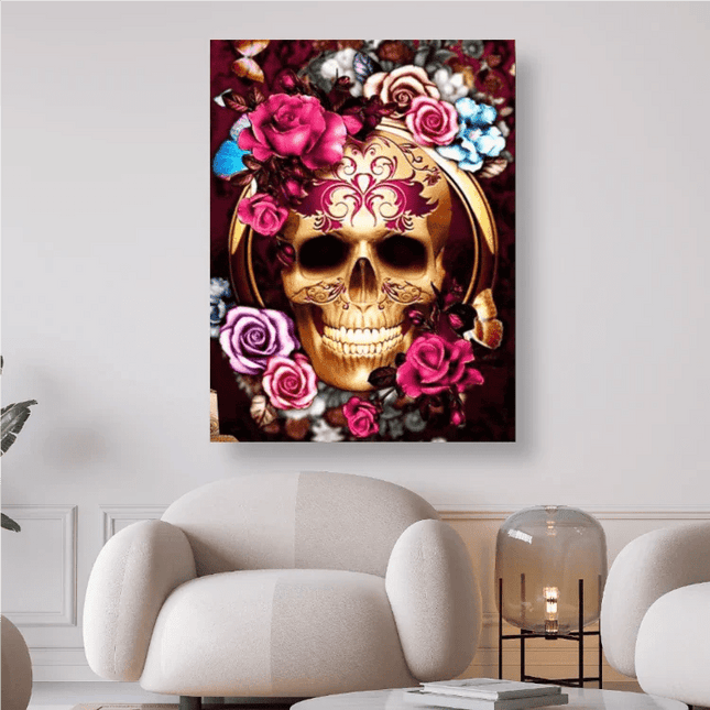 Goldener lachender Schädel mit Blumen - 5D DIY Diamond Painting