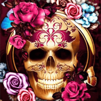 Goldener lachender Schädel mit Blumen - 5D DIY Diamond Painting
