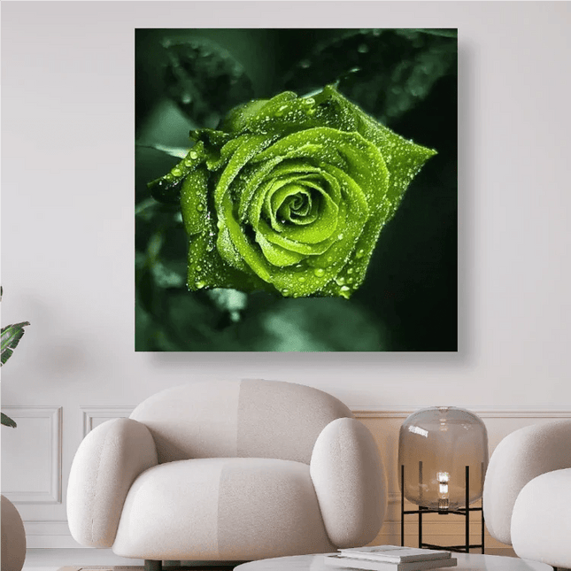 Grüne Rosenblüte mit Wassertropfen - 5D DIY Diamond Painting