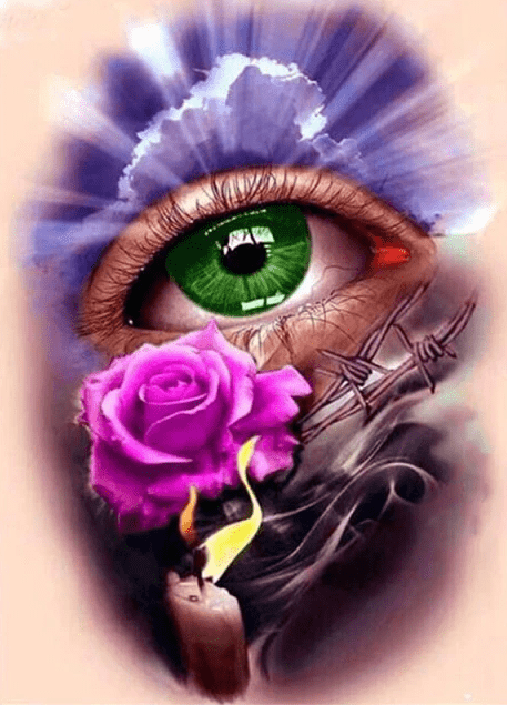 Grünes Auge mit Rose und Kerze - 5D DIY Diamond Painting