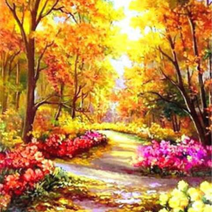 Herbstlandschaft mit bunten Bäumen und Blumen - 5D DIY Diamond Painting