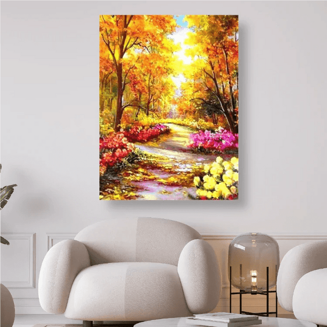 Herbstlandschaft mit bunten Bäumen und Blumen - 5D DIY Diamond Painting