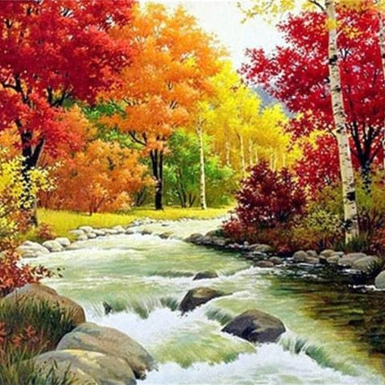 Herbstlandschaft mit wunderschön gefärbten Bäumen am Fluss - 5D DIY Diamond Painting
