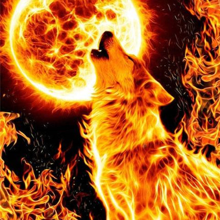 Heulender Wolf mit Mond in Feuer und Flammen - 5D DIY Diamond Painting