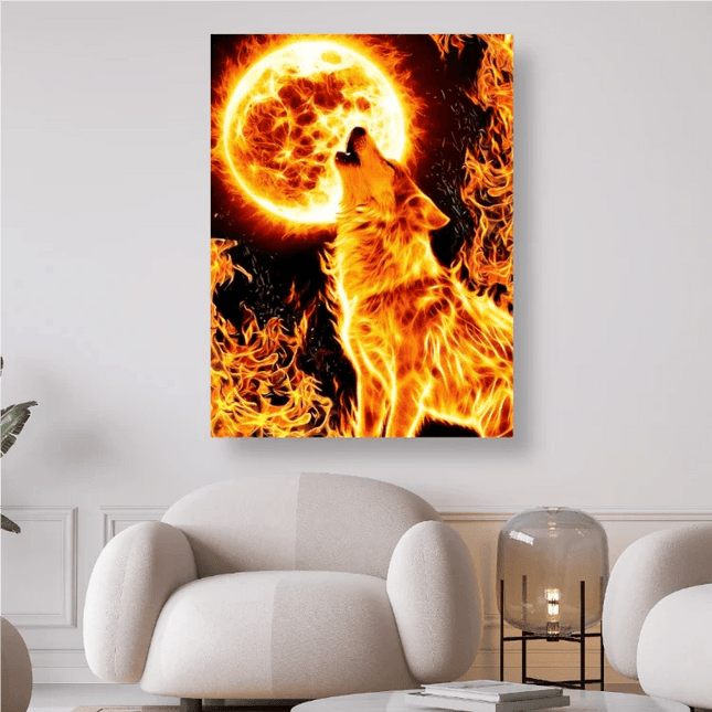 Heulender Wolf mit Mond in Feuer und Flammen - 5D DIY Diamond Painting
