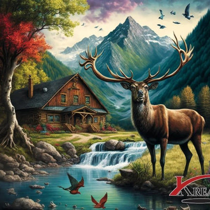 Hirsch mit Forsthaus - 5D DIY Diamond Painting
