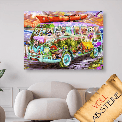 Hunde on Tour mit buntem Bulli - Voll AB 5D DIY Diamond Painting