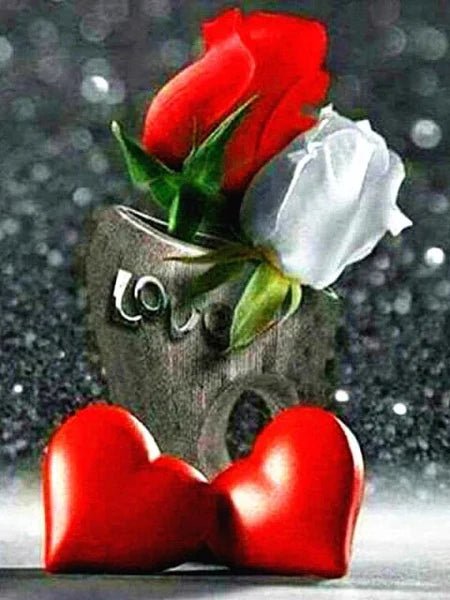 I Love You zwei Rosen und zwei rote Herzen - 5D DIY Diamond Painting