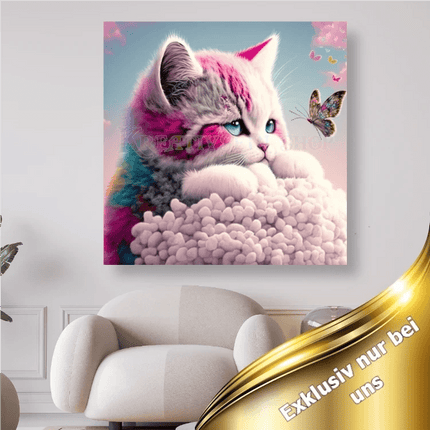Kätzchen mit blauen Augen und Schmetterling - 5D DIY Diamond Painting
