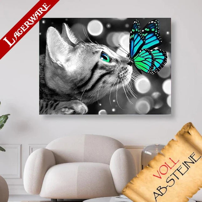 Katze mit Schmetterling auf der Nase LA - Voll AB 5D DIY Diamond Painting
