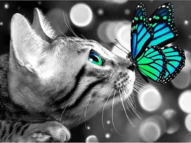 Katze mit Schmetterling auf der Nase - Voll AB 5D DIY Diamond Painting
