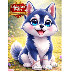 🐶 Kawaii Diamond Painting Set „Süßer Husky im Blütenfeld“ – Niedliches DIY Motiv