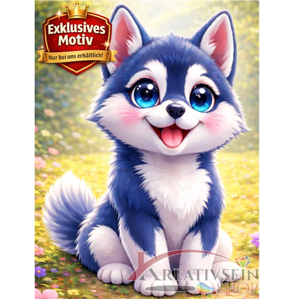 🐶 Kawaii Diamond Painting Set „Süßer Husky im Blütenfeld“ – Niedliches DIY Motiv
