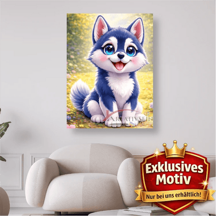 🐶 Kawaii Diamond Painting Set „Süßer Husky im Blütenfeld“ – Niedliches DIY Motiv